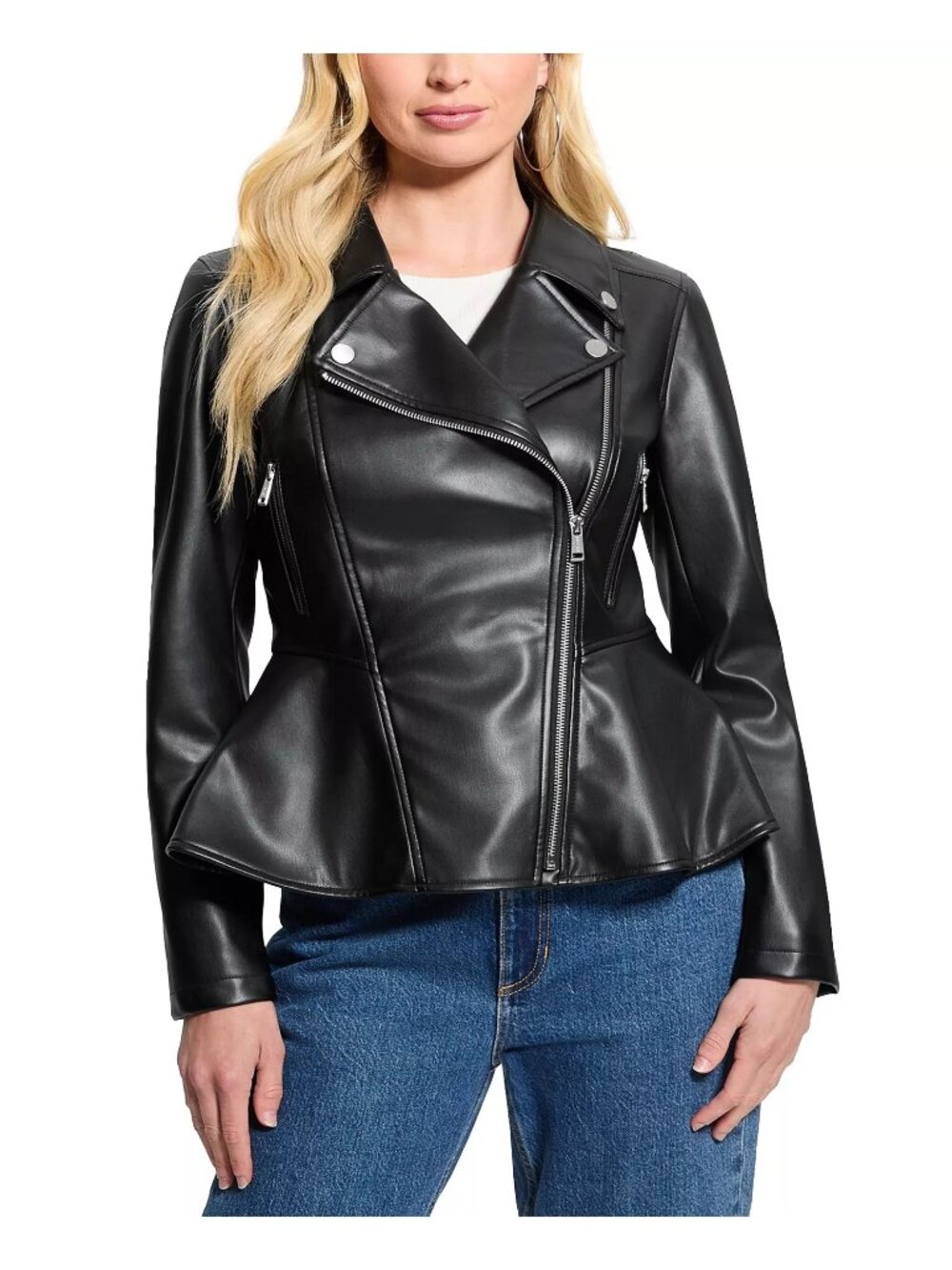 GUESS Womens Lvy Peplum Long Sleeves Casual Moto Jacket Black Size S NWT